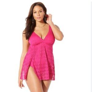 Swimsuits for All Crochet Side Slit V-Neck Swimdress Pink Tummy Control Size 18